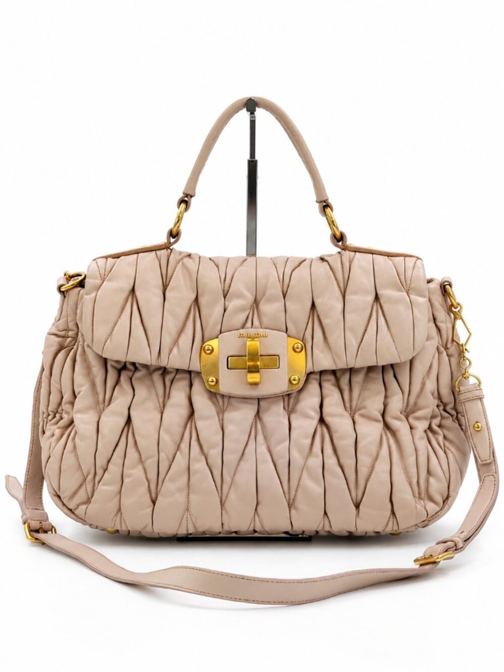 Miu Miu Matelassé Leather Top Handle Shoulder Bag Beige Nude Gold Hardware